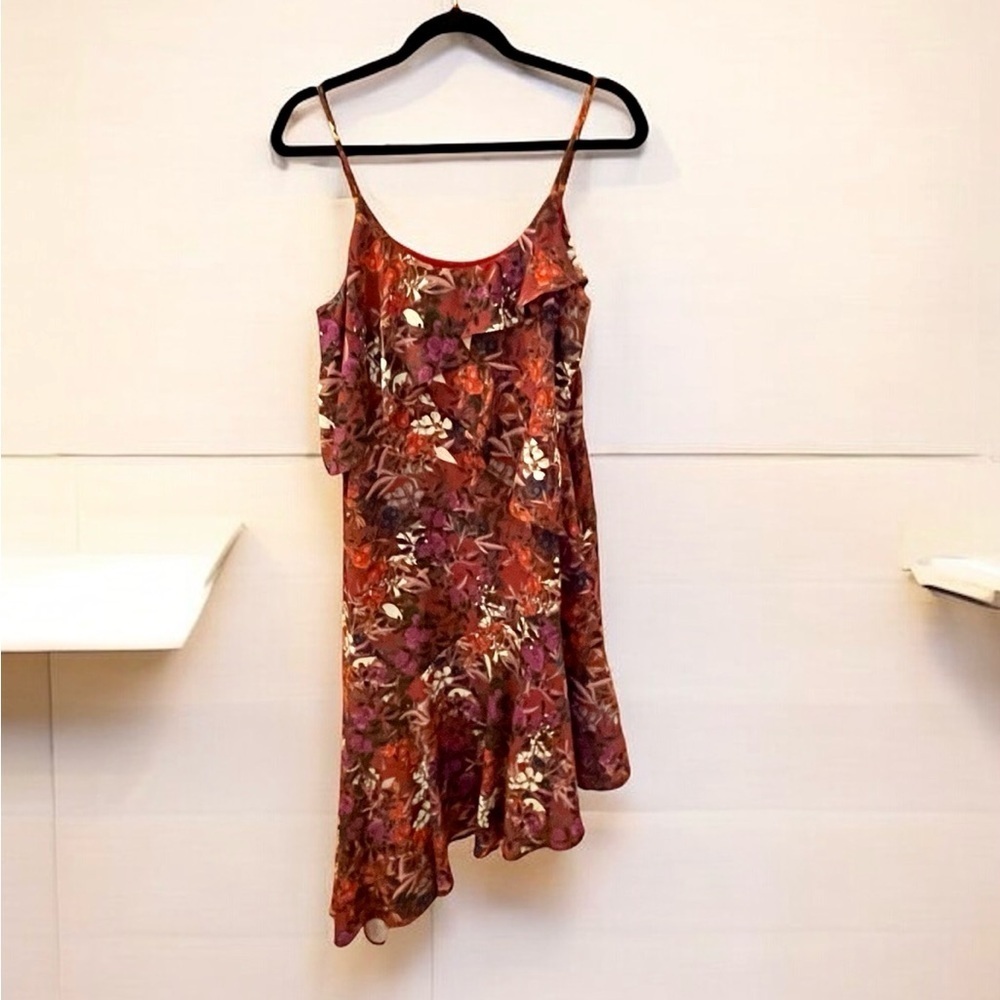 Adelyn Rae Asymmetrical Ruffled Dress, Size M, Red, Orange, Pink Floral Lined
